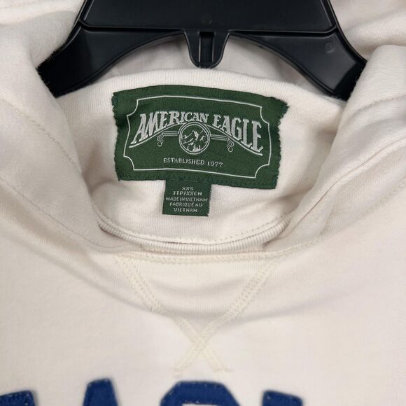 American Eagle Hoodie Womens 2XS White Pullover Fleece Kangaroo Pocket Spell Out - Picture 4 of 15